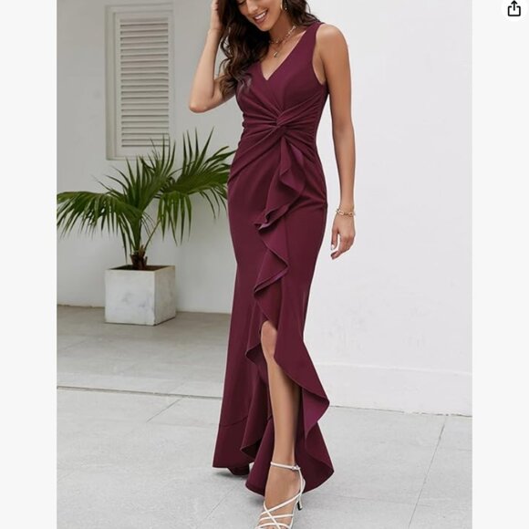 FQA Formal Elegant Evening Long Sexy V-Neck Split Wrap Dress (Burgundy, M) - Picture 3 of 4